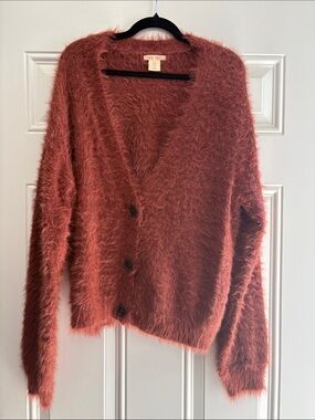 Rusty Orange Fuzzy V-Neck Button Cardigan
